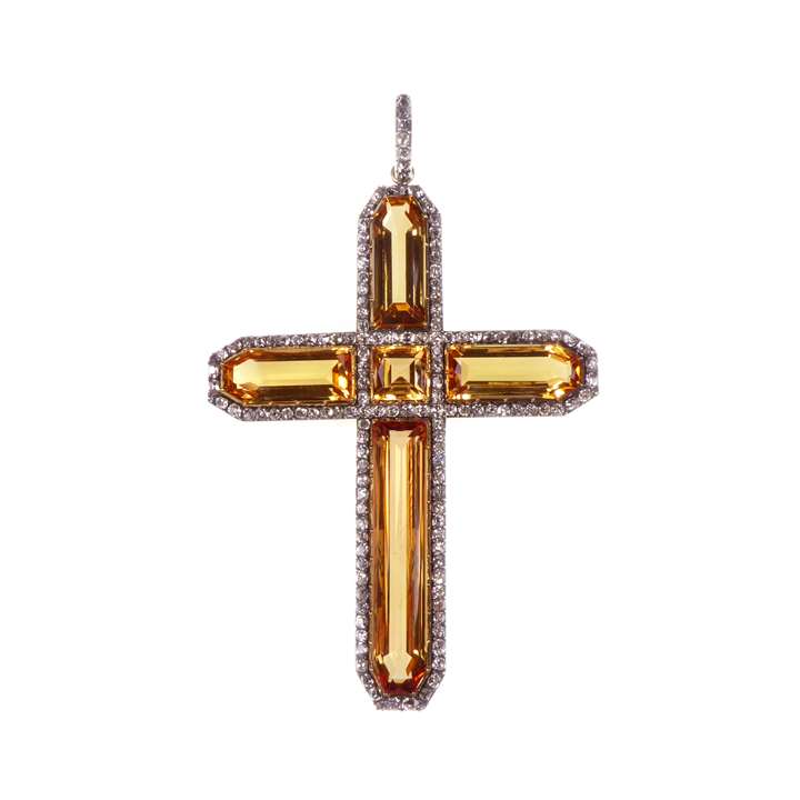 Antique golden topaz and diamond cluster cross pendant